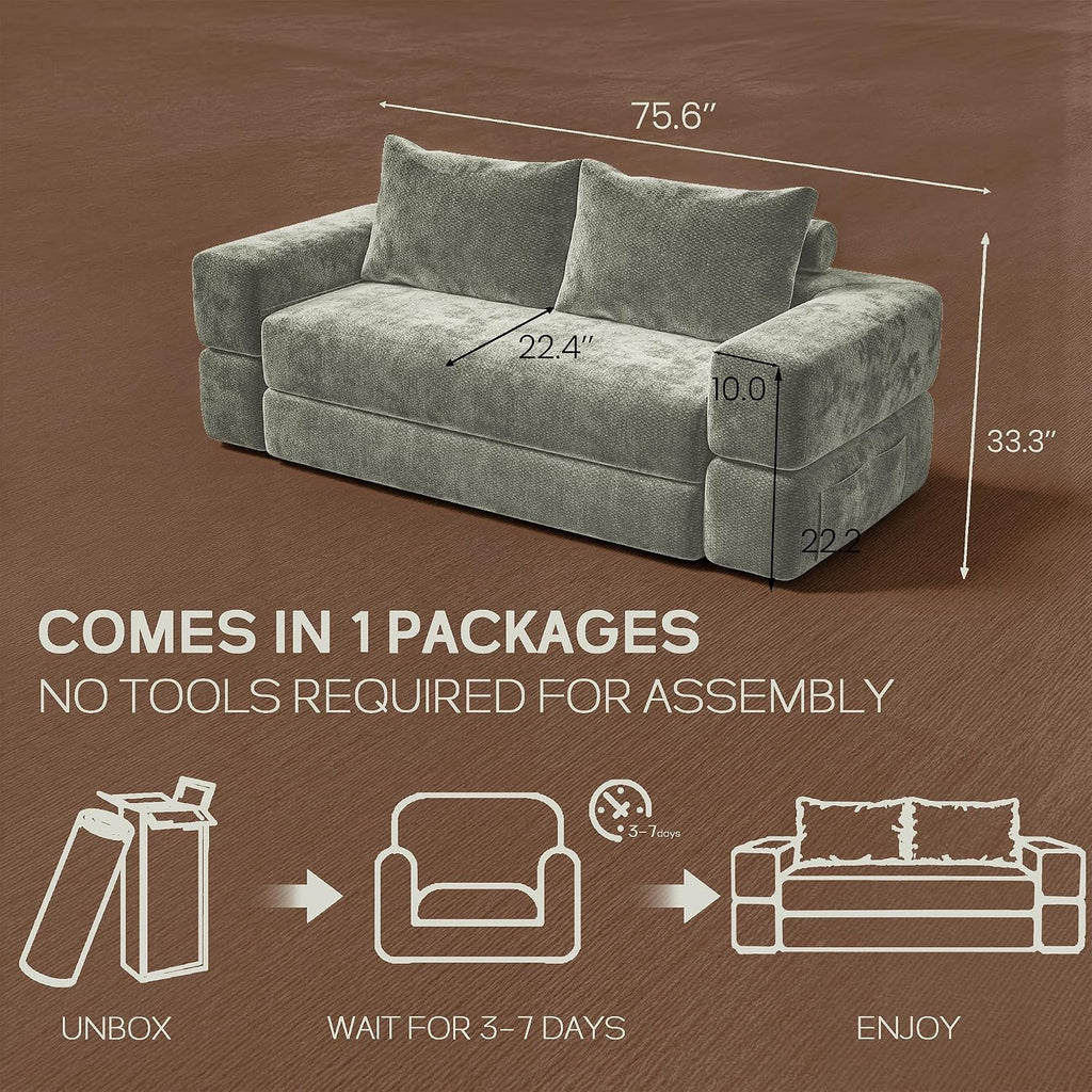 75'' Folding Convertible Sofa Bed with Large Pillow, 4-in-1 Foldable Pull Out Futon Sofa Bed, Chenille Mattress Couch, No Assembly Floor Sleeper Sofa Bed for Living Room/Bedroom, Light Brown