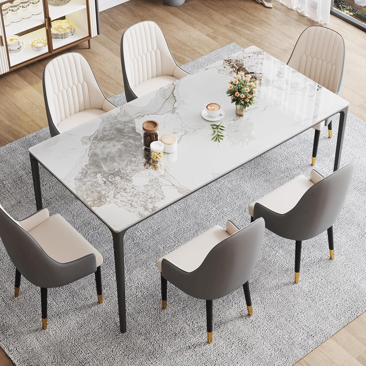63" Dining Table with Laminate Marble Sintered Stone White Tabletop and Metal Legs, Kitchen Table, Dining Room Table for 4-6 People, Scratch Resistant, Easy to Clean