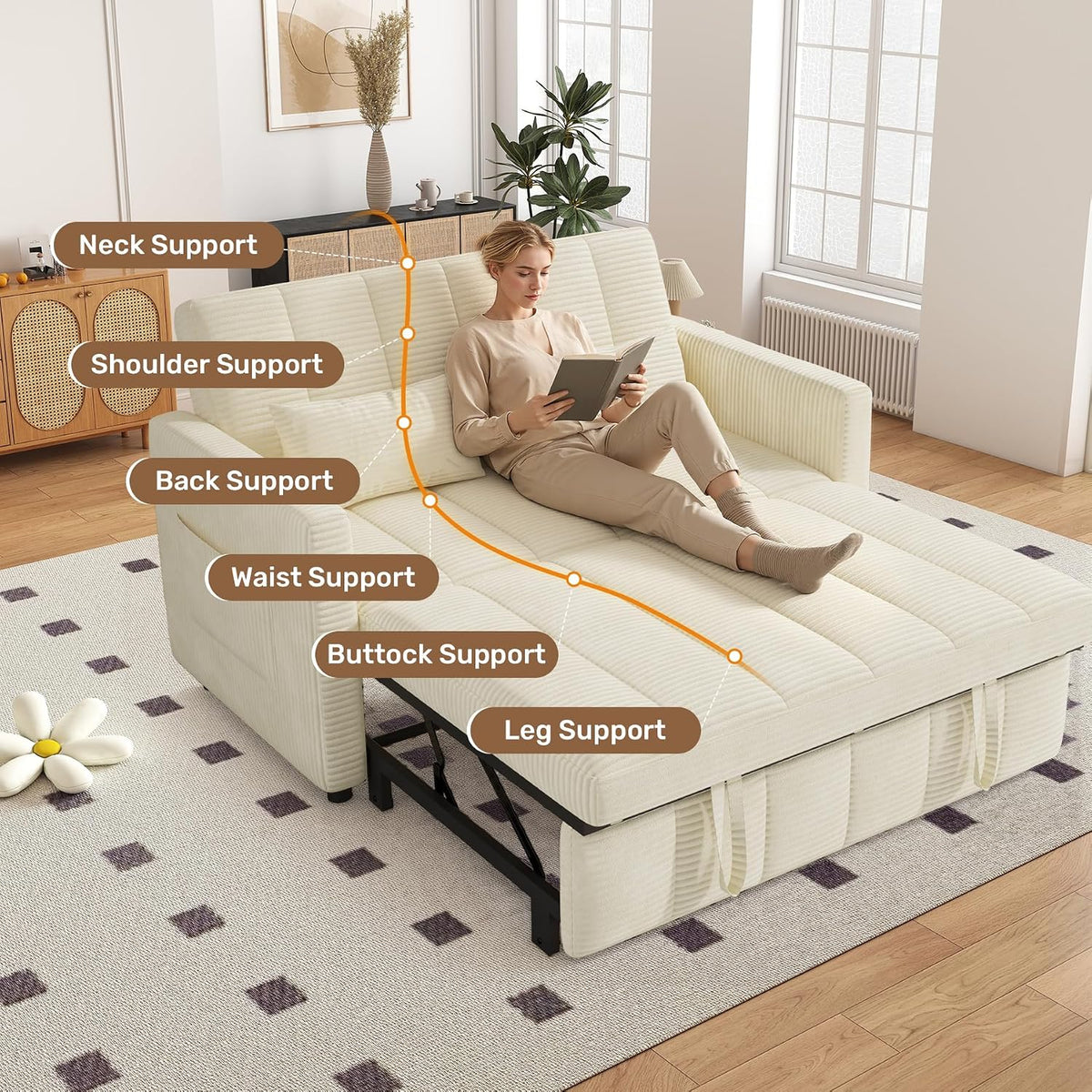 Nebuaegis Sleeper Sofa Bed,3-in-1 Convertible Pull Out Couch with Adjustable Backrest for Living Room,Loveseat Sofa Bed with Side Pockets,Easy Assembly,Beige,1 PCS