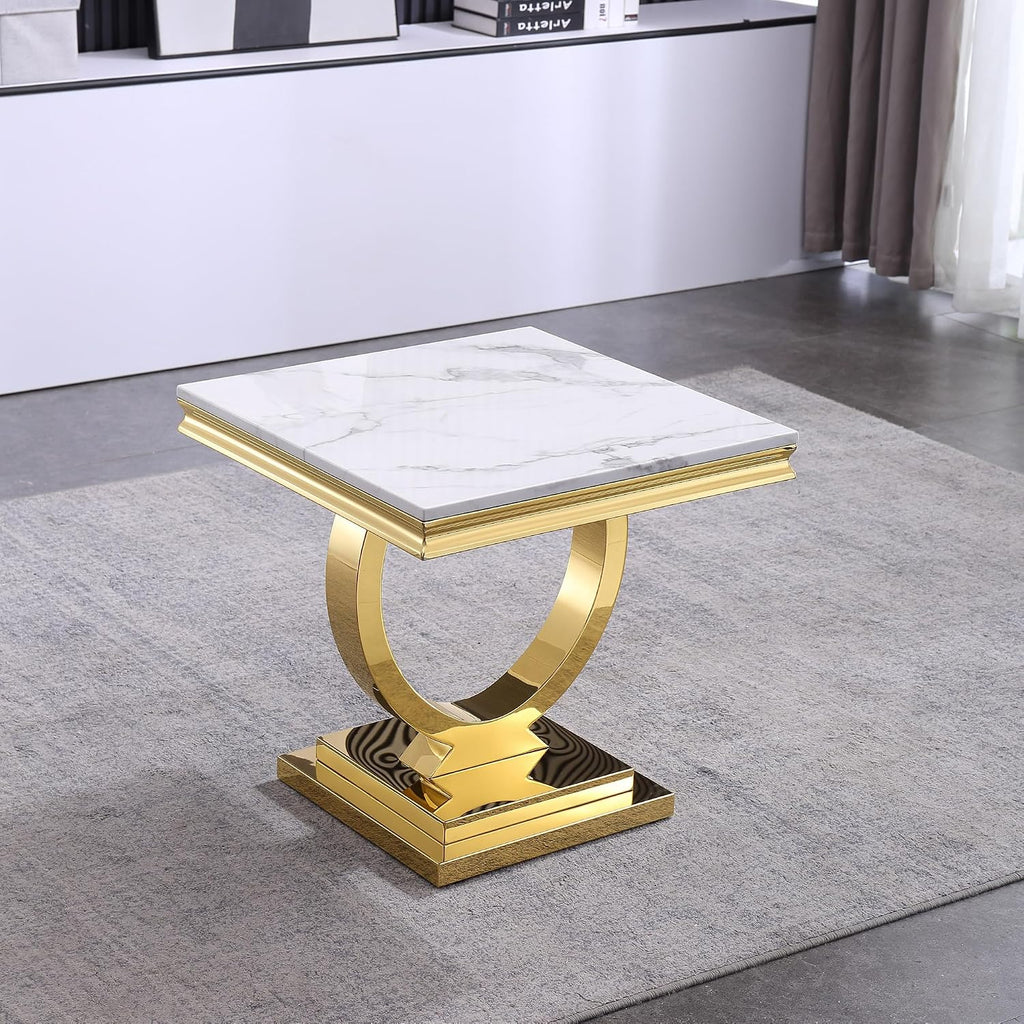 Modern Luxury Faux Marble End Table with Polished Gold Stainless Steel Base Square White Marble Side Table Elegant Small Bedside Table for Living Room Bedroom Office