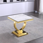 Modern Luxury Faux Marble End Table with Polished Gold Stainless Steel Base Square White Marble Side Table Elegant Small Bedside Table for Living Room Bedroom Office
