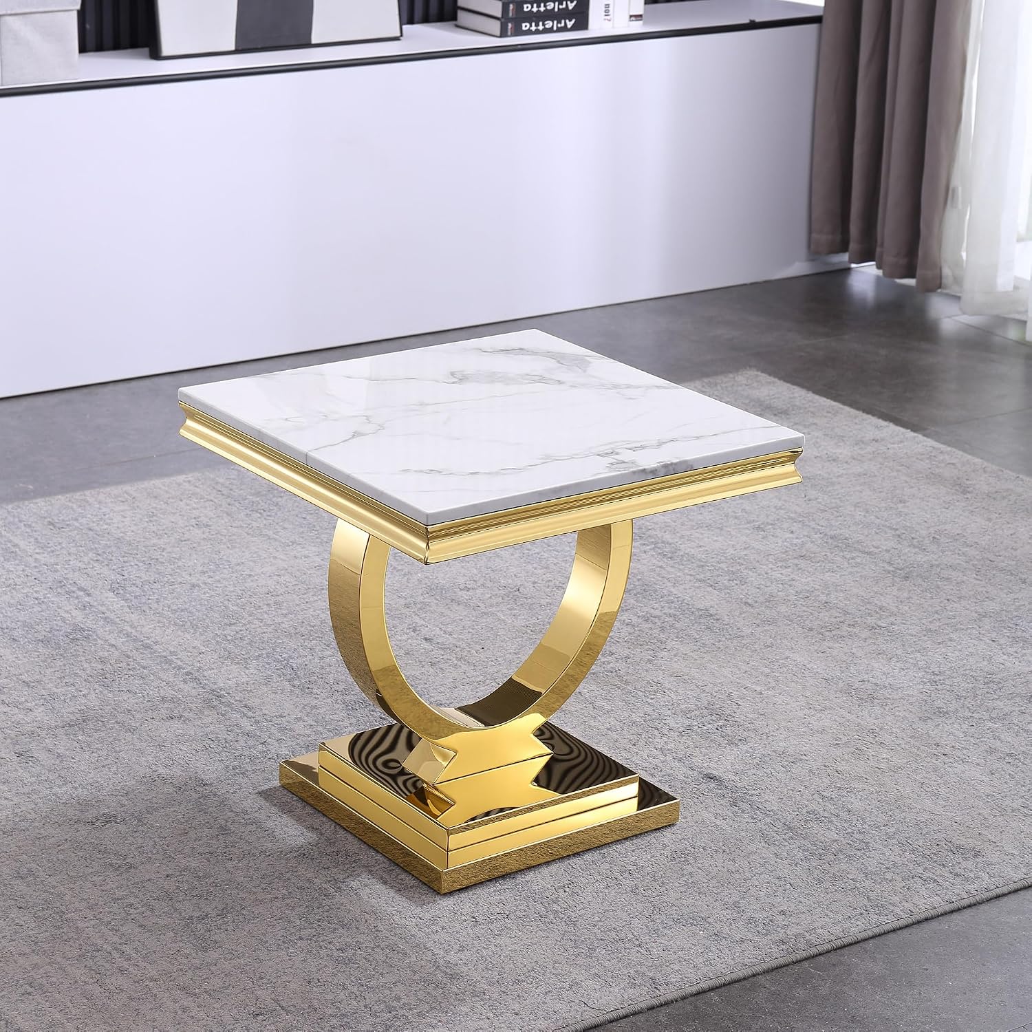 Modern Luxury Faux Marble End Table with Polished Gold Stainless Steel Base Square White Marble Side Table Elegant Small Bedside Table for Living Room Bedroom Office