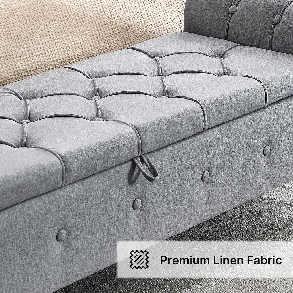 Storage Bench 67" Linen End of Bed Benches Grey | King Size Storage Bench for Bedroom with Rolled Arms Tufted Ottoman Benches Upholstered Bench for Living Room Entryway