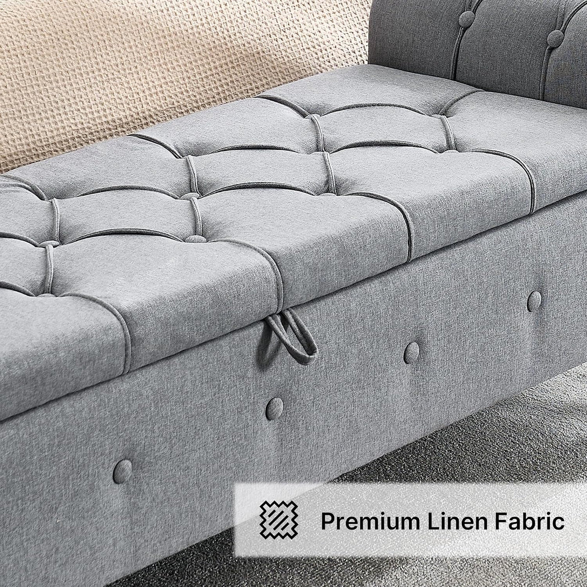 Storage Bench 67" Linen End of Bed Benches Grey | King Size Storage Bench for Bedroom with Rolled Arms Tufted Ottoman Benches Upholstered Bench for Living Room Entryway