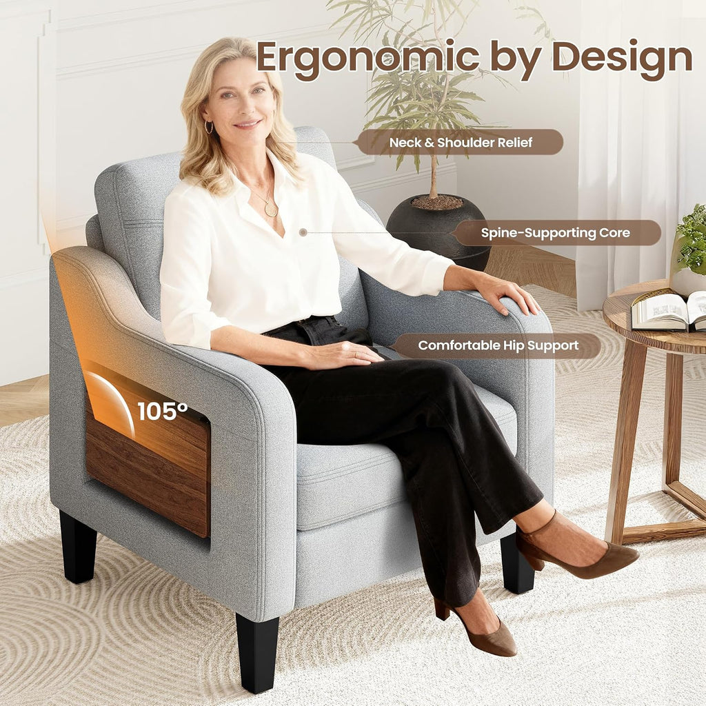 Upholstered Accent Chair with Foldable Side Table for Living Room | 2 Side Pockets, Modern Linen Armchair Wooden Fabric Chairs for Living Room, Comfy Reading for Bedroom/Office