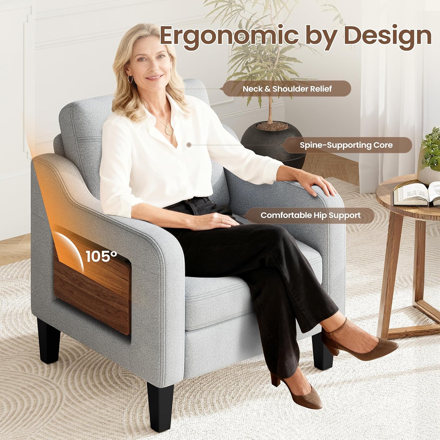 Upholstered Accent Chair with Foldable Side Table for Living Room | 2 Side Pockets, Modern Linen Armchair Wooden Fabric Chairs for Living Room, Comfy Reading for Bedroom/Office