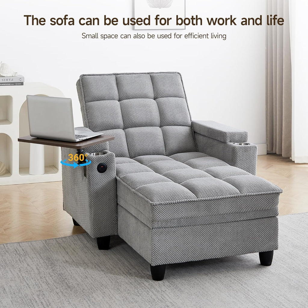 hansones 41.7" Chaise Lounge Chair Indoor, Sofa Bed with Adjustable Backrest, Sleep Sofa Couch, Deep Seat Reading Chair, Couches for Living Room with Storage & 360° Swivel Side Table (Gray, 41.7")