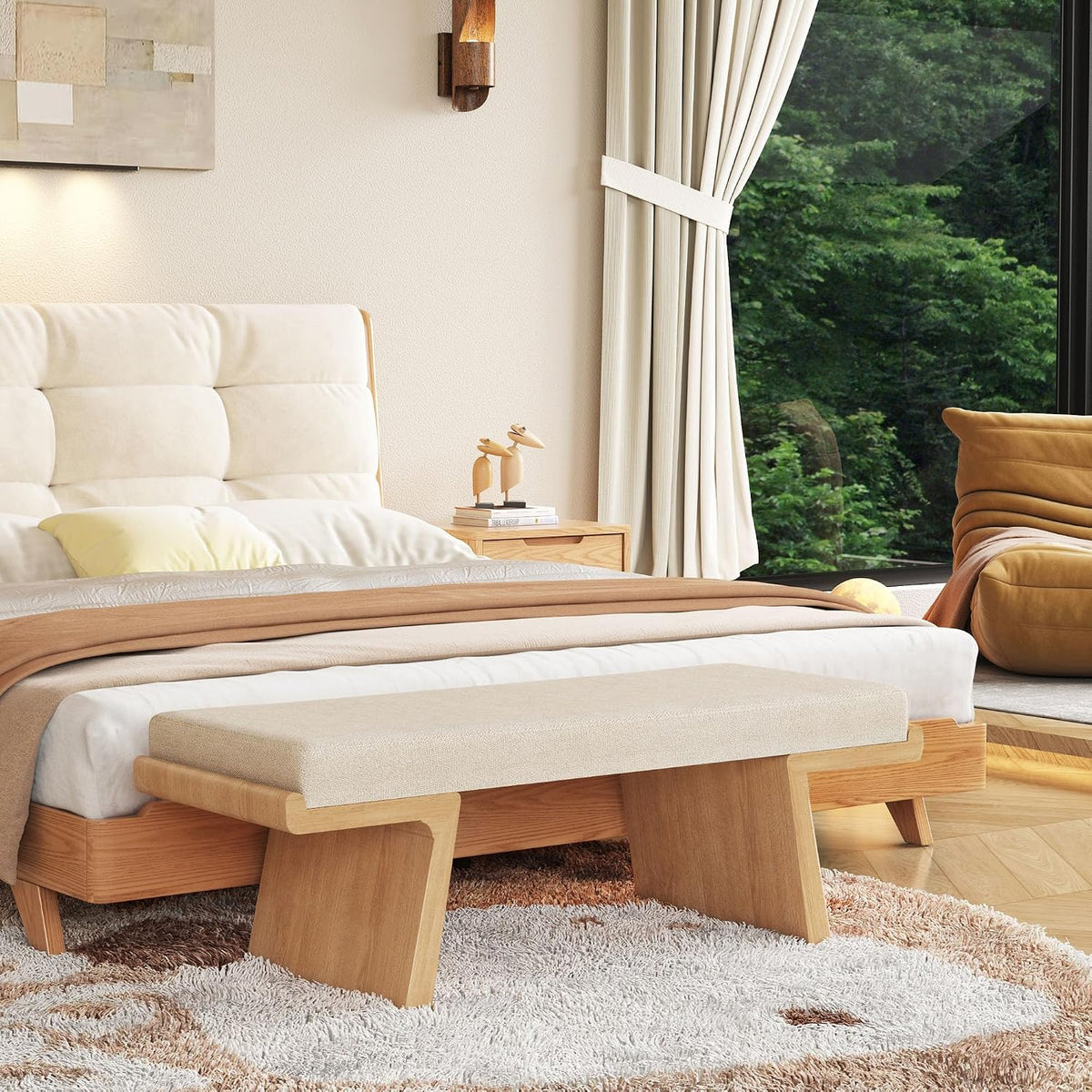 47.2" Natural Wood Bedroom Bench, Upholstered Entryway Bench, Modern End of Bed Ottoman with Soft Padded Seat & Solid Wood Frame for Dining Room and Living Room, Linen