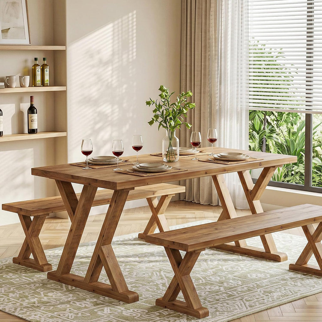 63" Farmhouse Solid Wood Dining Table for 4-6, Wooden Rectangular Rustic Kitchen Dinner Table with Heavy-Duty Legs for Living Room, Dining Room, Brown