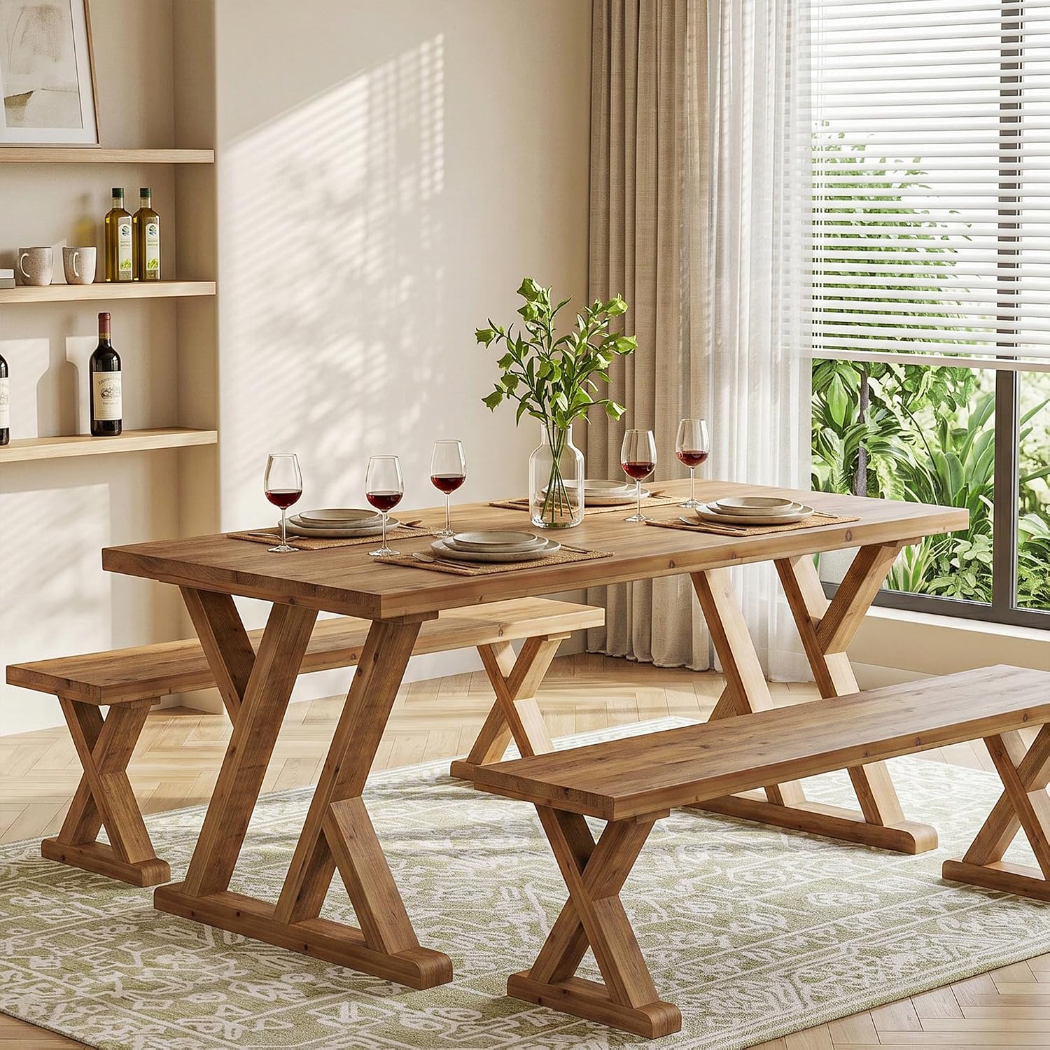 63" Farmhouse Solid Wood Dining Table for 4-6, Wooden Rectangular Rustic Kitchen Dinner Table with Heavy-Duty Legs for Living Room, Dining Room, Brown