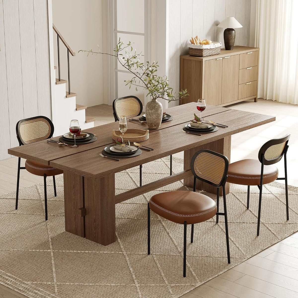 Rattan Dining Chairs Set of 4, Camel Leather Upholstered Dining Chairs with Rattan Cane Back, Mid Century Modern Dining Room Chairs with Black Metal Legs & D-Shaped Thicken Cushion, Camel