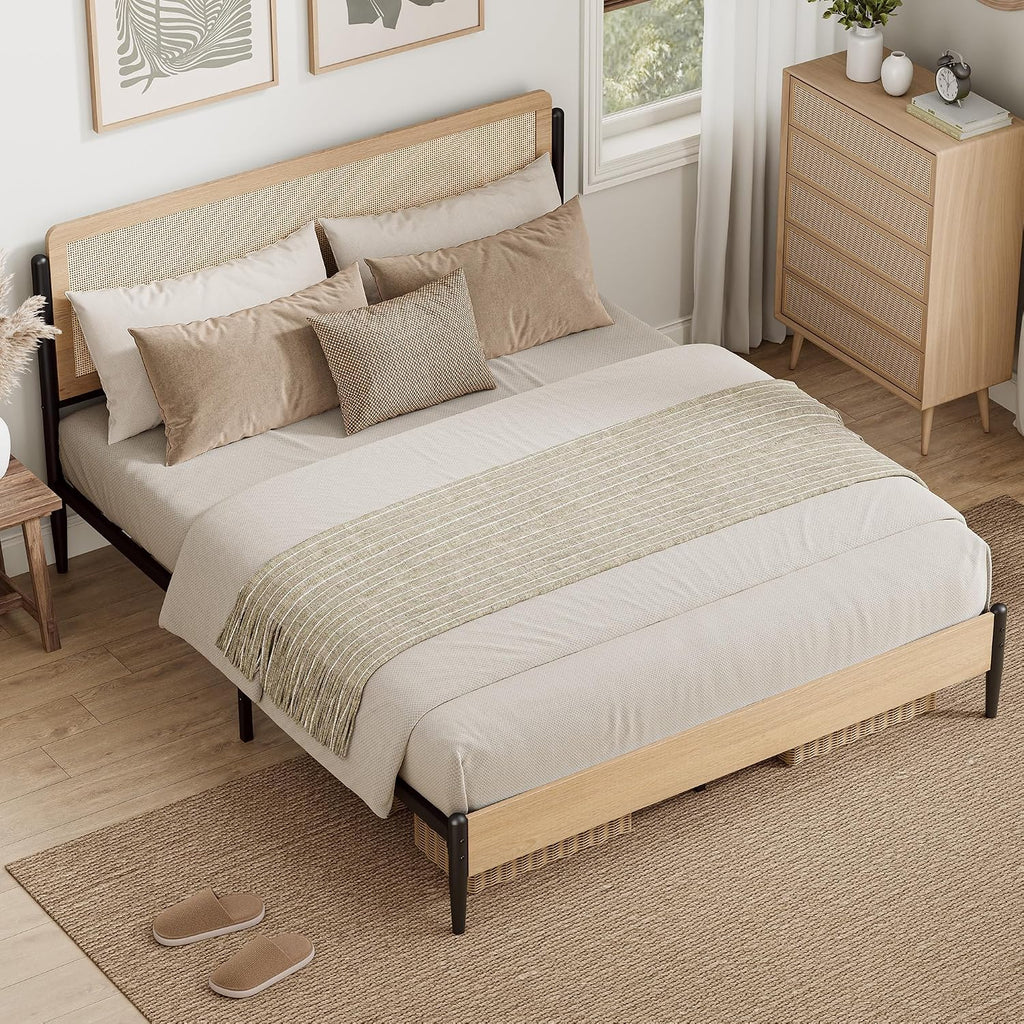 LIKIMIO Natural Rattan Queen Bed Frame with Wooden Headboard