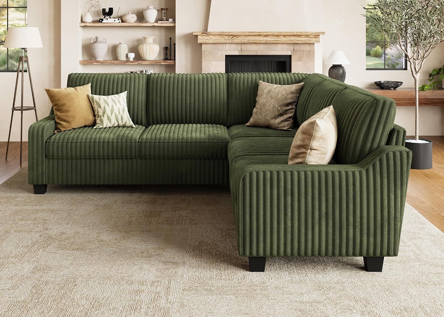 HONBAY Corduroy Convertible Sectional Sofa L Shaped Corner Couch,Green | Compact Sofa,Reversible Sectional Couches for Living Room,Wide Corduroy Fabric,Easy to transport and install