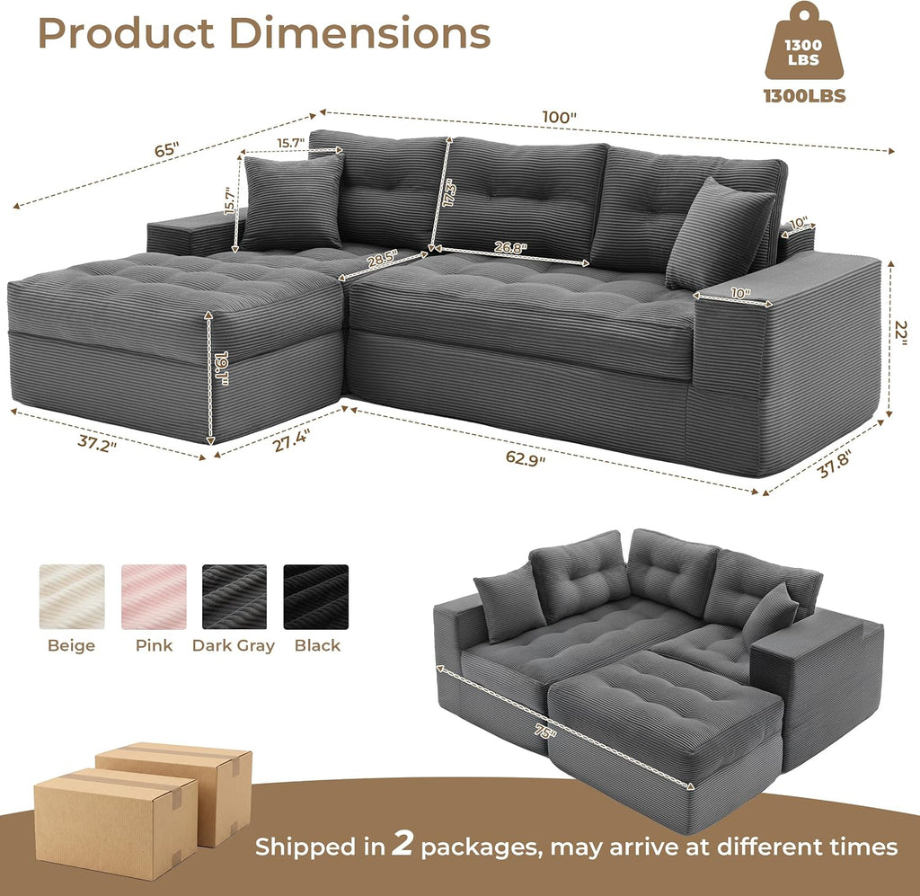 100" L Shaped Cloud Couch with Ottoman, Couches for Living Room | Modular Sectional Sofa, Upholstered Cloud Sofa with Layered Cushion, Dark Grey Sectional Couch, No Assembly