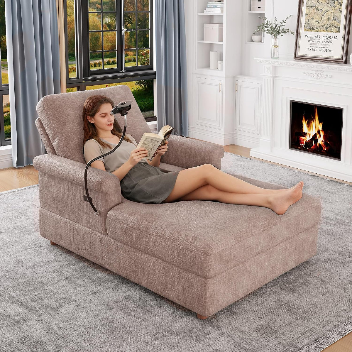 EJUNQ 66.5" Oversized Chaise Lounge Chair Indoor，Cozy Sofa Bed with Phone Holder and USB Charger，Upholstered Deep Seat Sleeper Sofa Bed，Comfy Single Sofa Armchair for Living Room -Brown