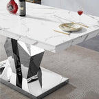 Henf Luxury Marble Dining Table for 6-8 Rectangular 70" Faux Marble Kitchen Table with Silver Mirrored Stainless Steel Base,White Faux Marble Large Long Pedestal Table (Table Only)