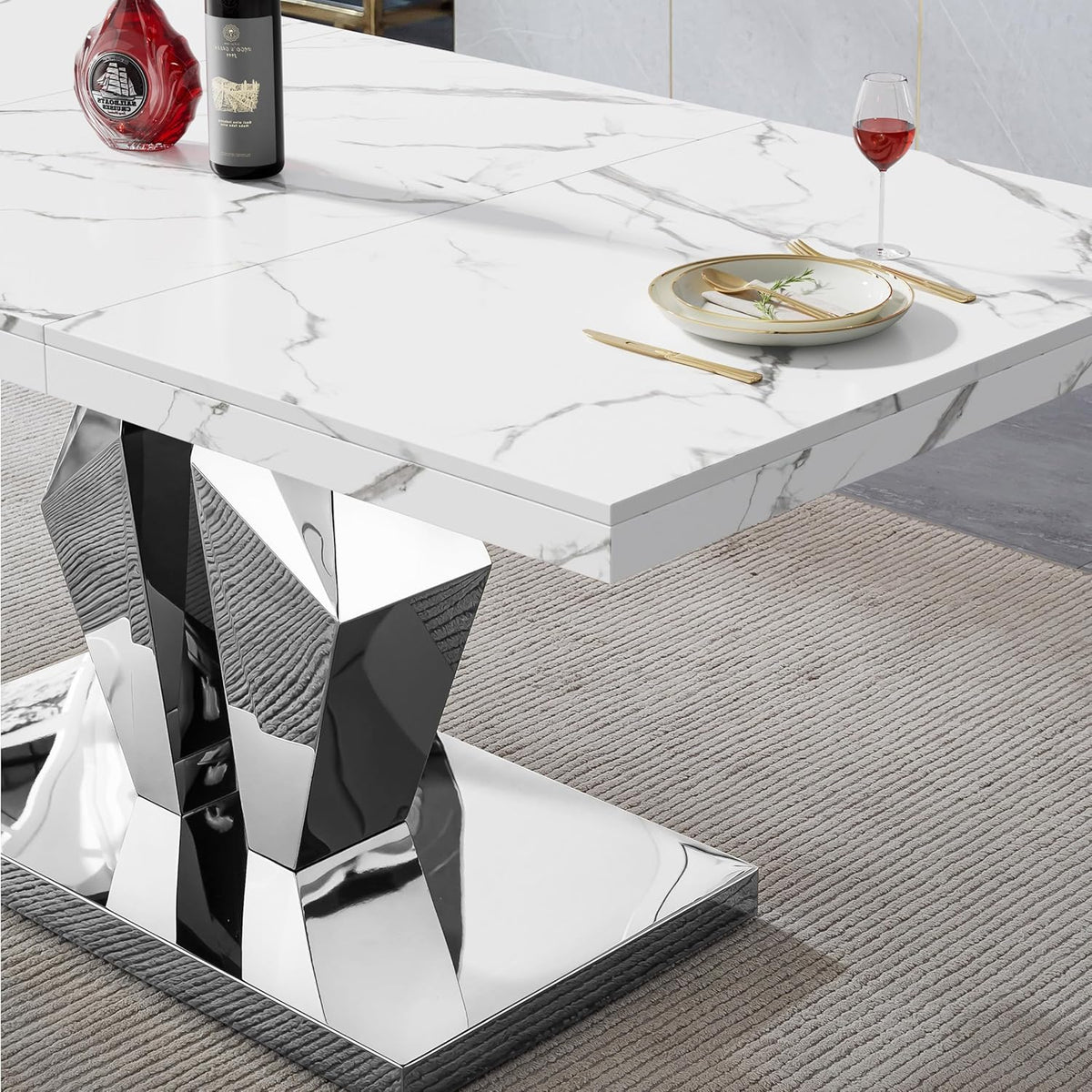 Henf Luxury Marble Dining Table for 6-8 Rectangular 70" Faux Marble Kitchen Table with Silver Mirrored Stainless Steel Base,White Faux Marble Large Long Pedestal Table (Table Only)