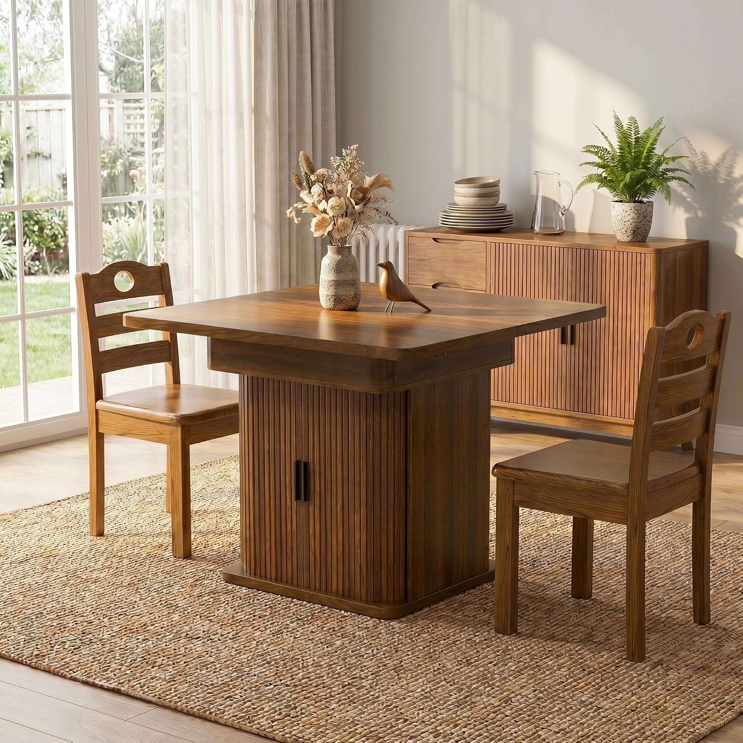 39-94 inch Extendable Dining Table for 4-10, Rectangle Expandable Long Kitchen Table with Fluted Sliding Doors, Double Tier Storage, Modern Square Dinner Table, Living Room, Farmhouse, Walnut