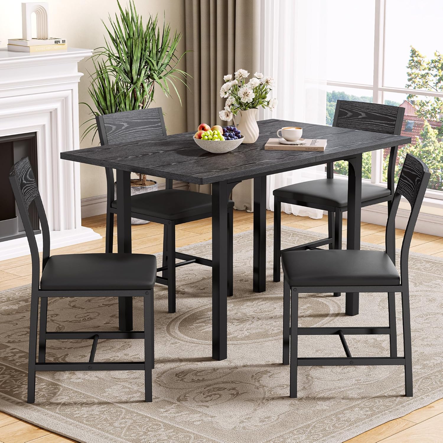 IRONCK Dining Table Set for 4, Extendable Kitchen Table Chairs Set of 4 | Dining Room Table with 4 Upholstered Chairs, Folding for Small Space, Apartment, Black