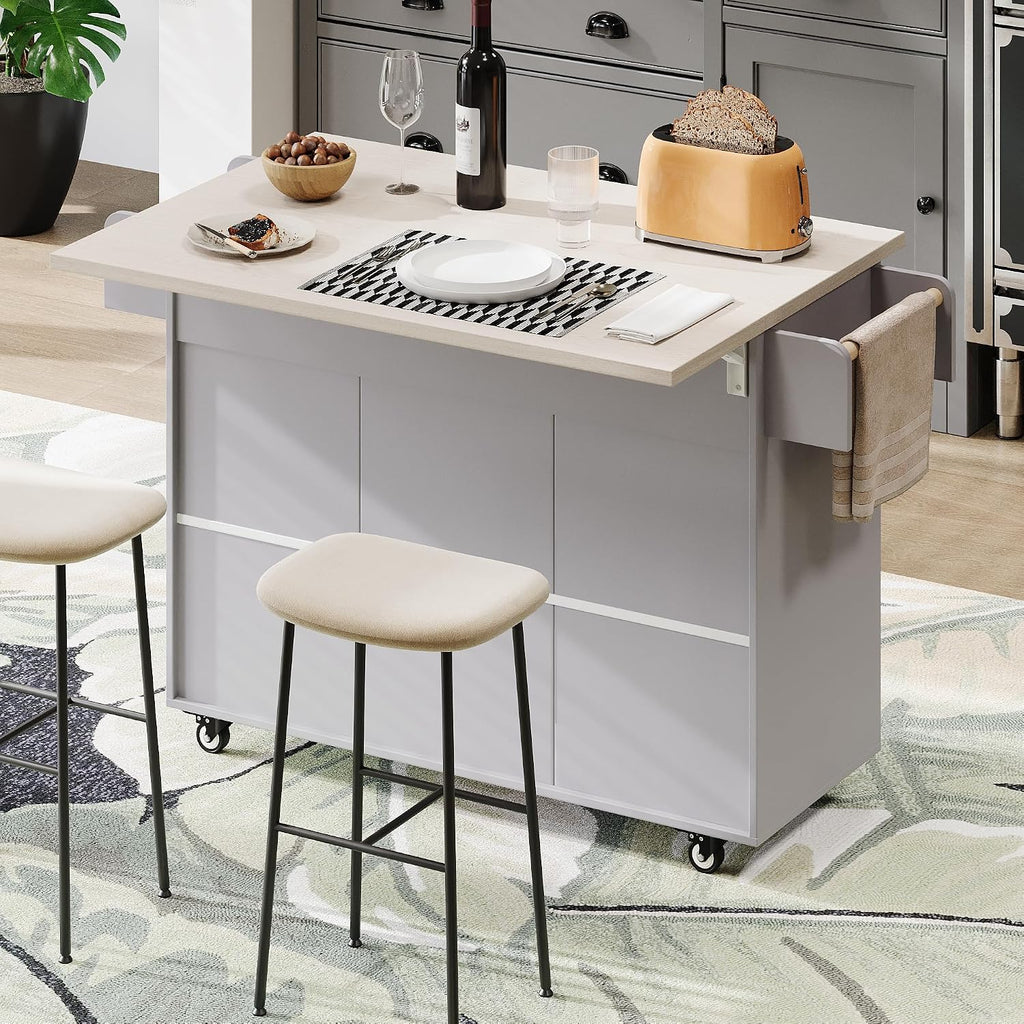 51" Rolling Kitchen Island with Tilt-Out Trash Cabinet & Drop Leaf | Tilt-Out Trash Cabinet, Drop Leaf Extension, Rolling Design, Kitchen Storage, 51 Inch Width