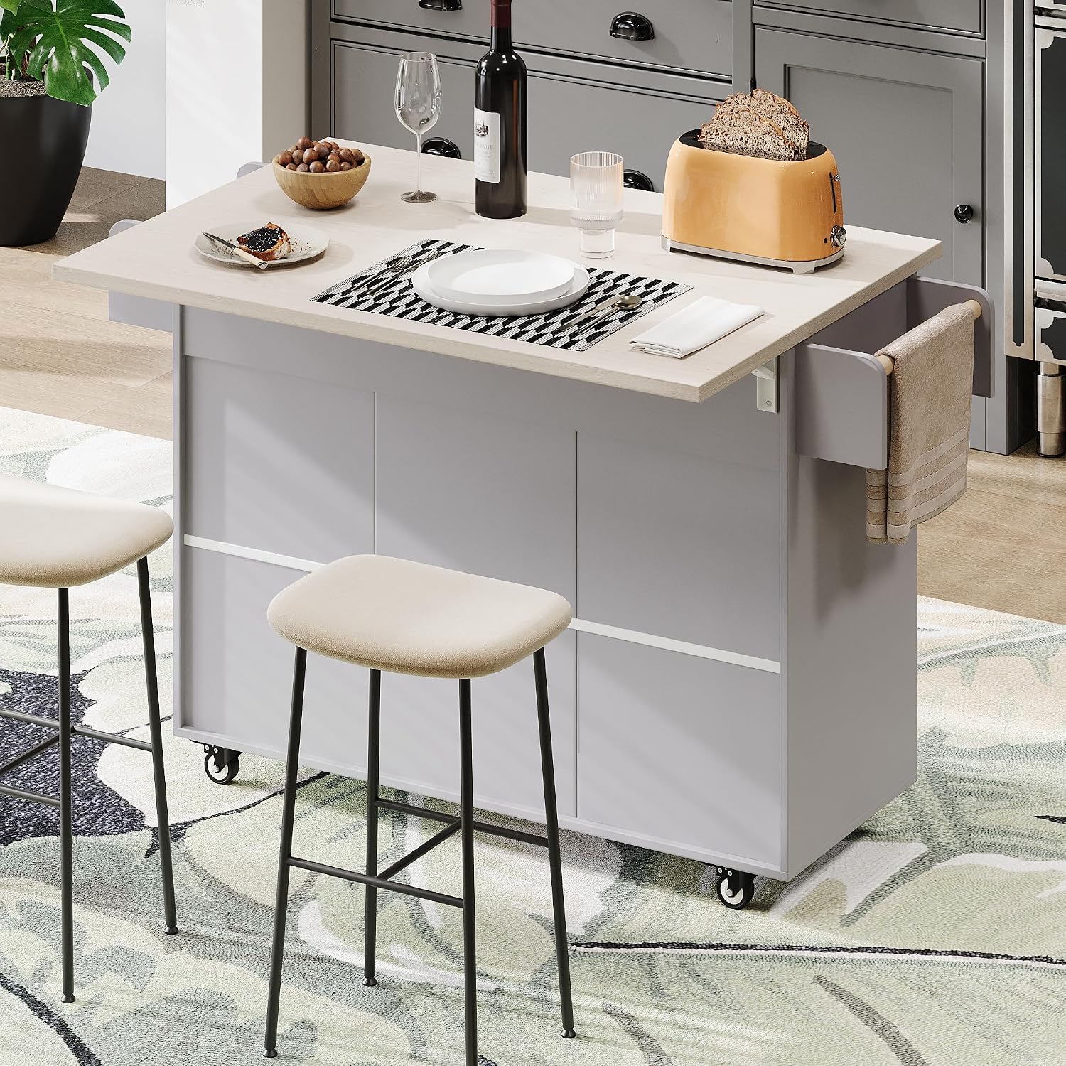 51" Rolling Kitchen Island with Tilt-Out Trash Cabinet & Drop Leaf | Tilt-Out Trash Cabinet, Drop Leaf Extension, Rolling Design, Kitchen Storage, 51 Inch Width