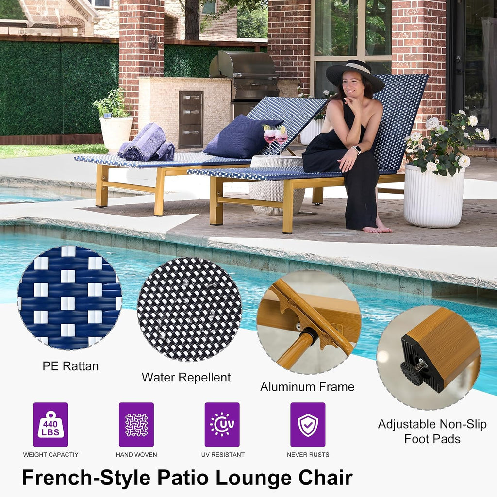 PURPLE LEAF Extra Wide Patio Lounge Chair Resort Wicker Set of 2, Navy | Handwoven Wicker, Teak Wood-Grain Aluminum Frame, 5 Adjustable Positions, Non-Slip Pads, Oversized Frame, 440 lbs Capacity