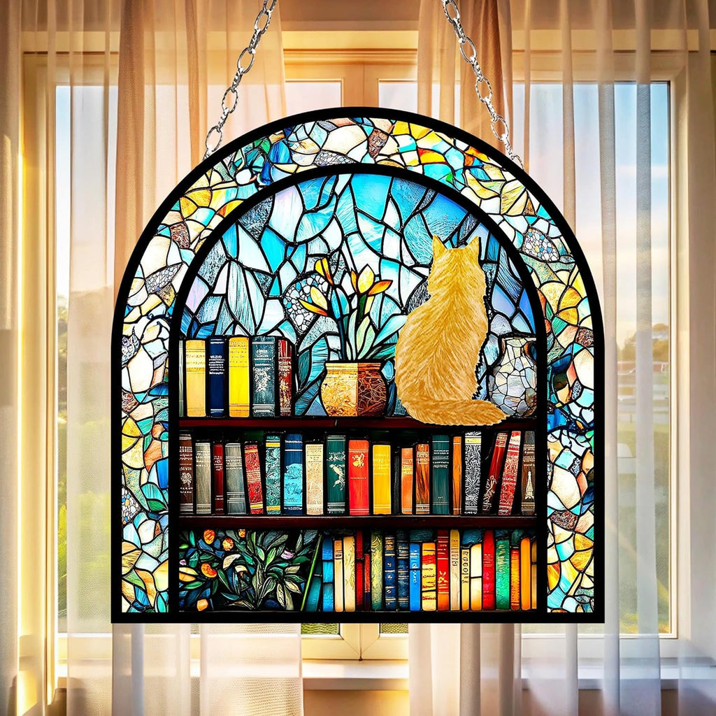 Personalized Cat with Book Acrylic Suncatcher Custom Reading Window Hanging Breeds Gift for Mom Lover Sun Catchers Indoor Windown Suncatchers Windows Garden Decor Outdoor