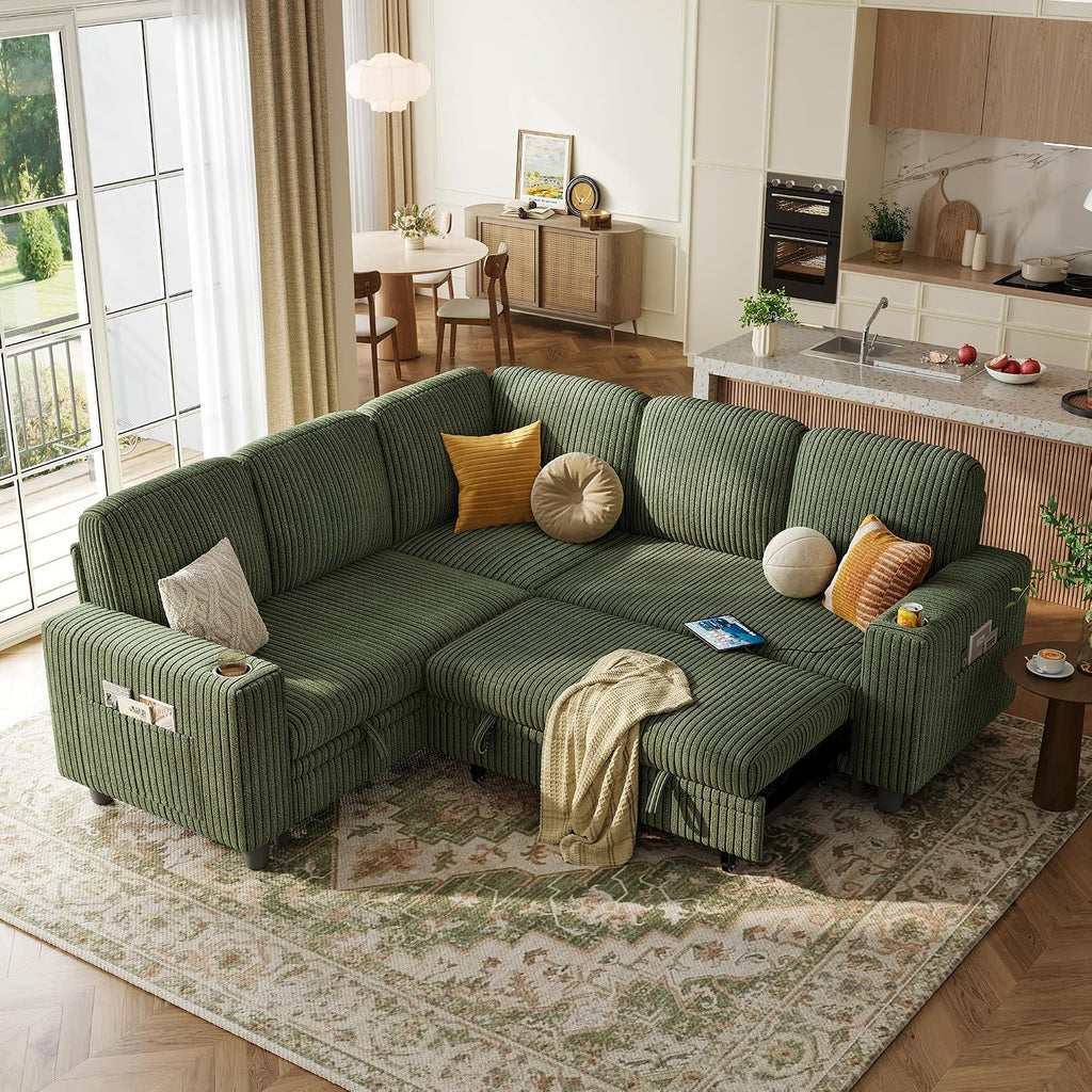 LINSY HOME Sectional Couches for Living Room, 81" L Shape 5 Seats, Green | Sleeper sofa with pull out couch bed, corduroy couch with storage