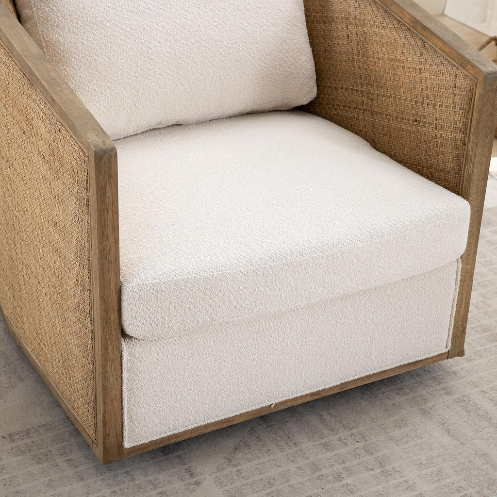 Anwick Brown Swivel Barrel Chair & Rattan Accent Chair, Modern Club Chair, Small Chair, Corner Chairs & Reading Chair for Bedroom, Living Room, Reading Nook, Adults (Beige Boucle)