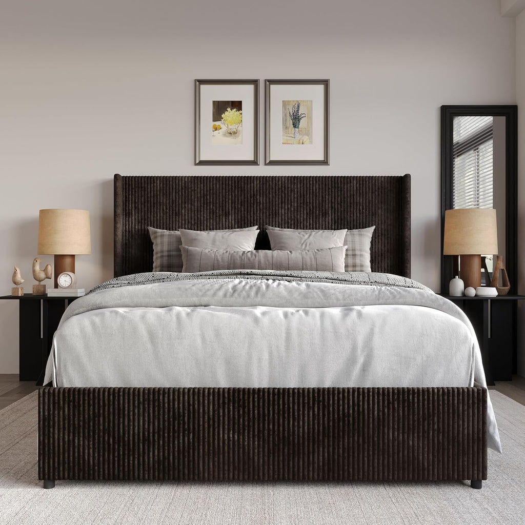 Queen Wingback Velvet Upholstered Platform Lift-Up Storage Bed, Vertical Stitching Design, Brown