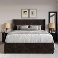 Queen Wingback Velvet Upholstered Platform Lift-Up Storage Bed, Vertical Stitching Design, Brown