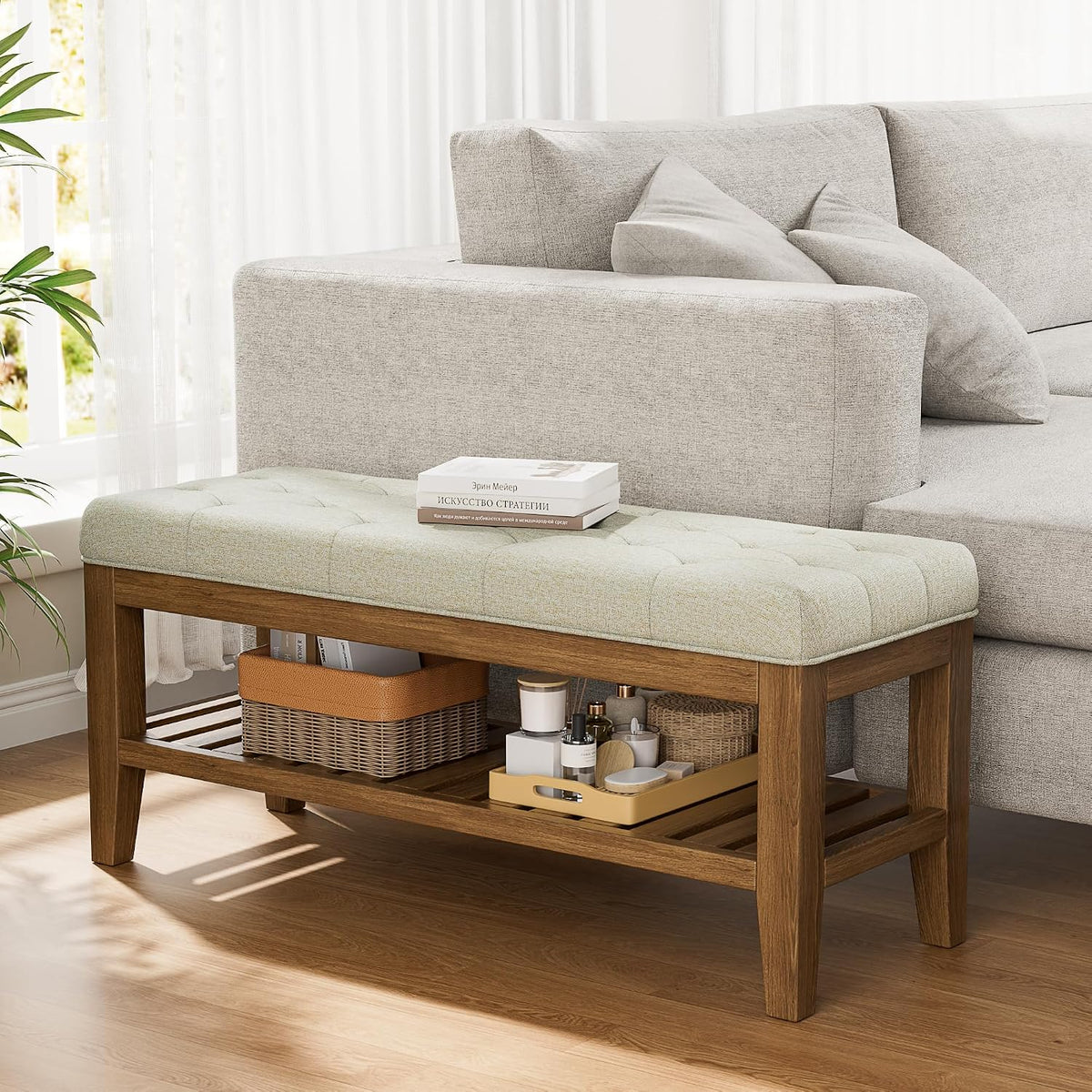 YaFiti End of Bed Storage Bench, 42.9" Entryway Shoe Bench with Solid Wood Shelf, Upholstered Ottoman with Padded Seat for Bedroom, Hallway and Living Room, Beige