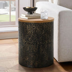 LuxenHome Round Side Table, 20" Black and Gold Metal Base with Wood Top,Small Accent Stool End Table for Small Place,Bedside Nightstand for Living Room, Bedroom, Office, Bathroom
