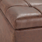 SIMPLIHOME Harrison 36" Wide Vegan Leather Lift Top Ottoman in Saddle Brown | Distressed saddle brown, transitional lift-top ottoman with hidden storage for living room; square footstool or coffee table.