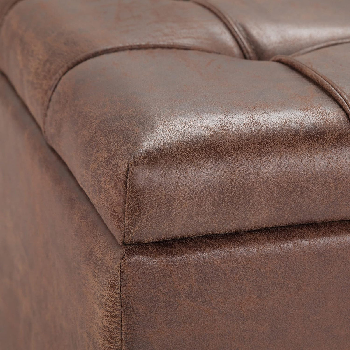 SIMPLIHOME Harrison 36" Wide Vegan Leather Lift Top Ottoman in Saddle Brown | Distressed saddle brown, transitional lift-top ottoman with hidden storage for living room; square footstool or coffee table.