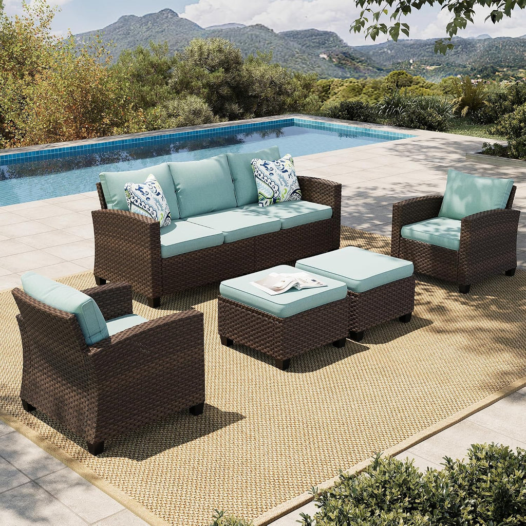 HERA'S HOUSE Outdoor Wicker Ottoman Set of 2, Patio Footstool Footrest Seat with 4" Cushions, 2 Pieces Brown Rattan Garden Stool, Blue
