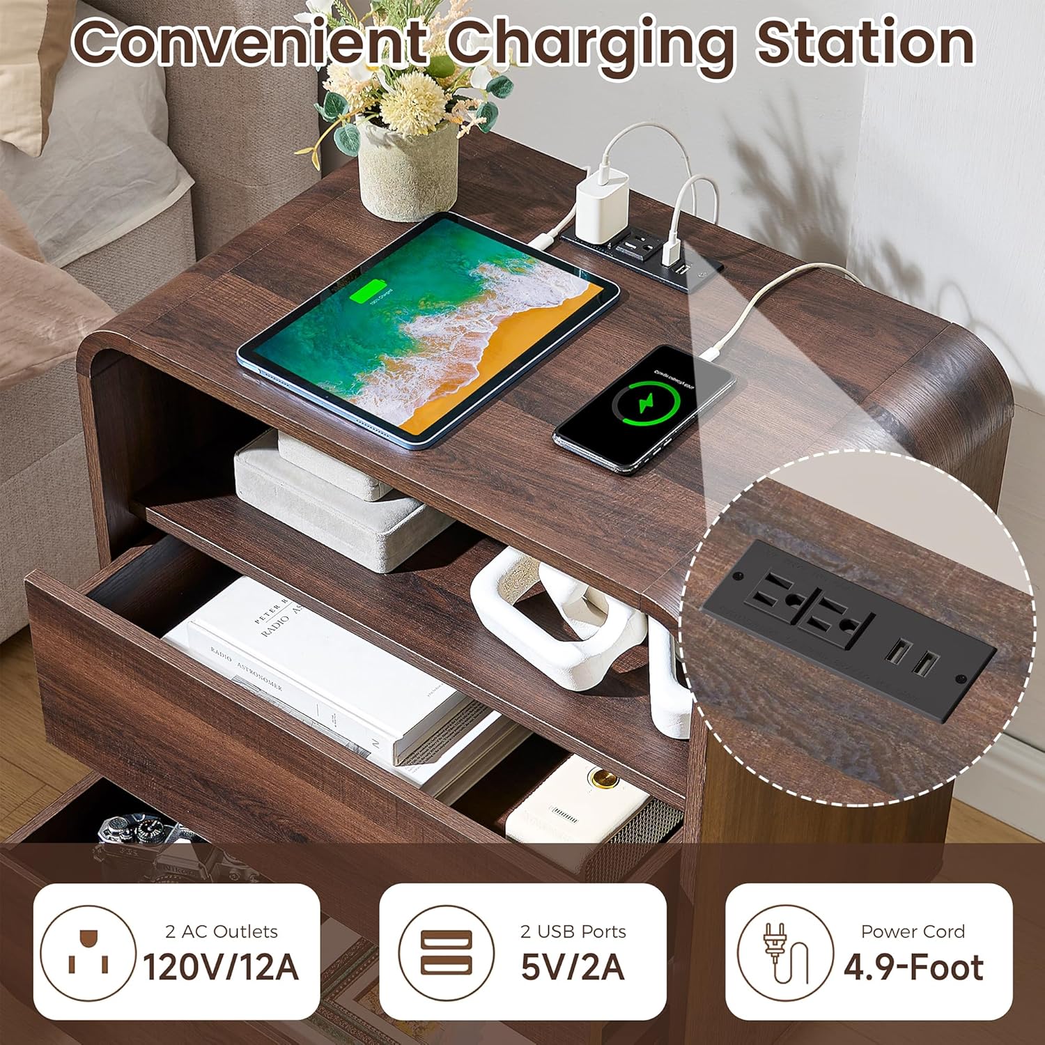 Standifurno Modern Nightstand Set of 2, 23.2" Wide Wood Bedside Table with Charging Station, 2 Storage Drawers Side Table Curved Profile, Handleless, Large End Table Night Stand for Bedroom, Walnut