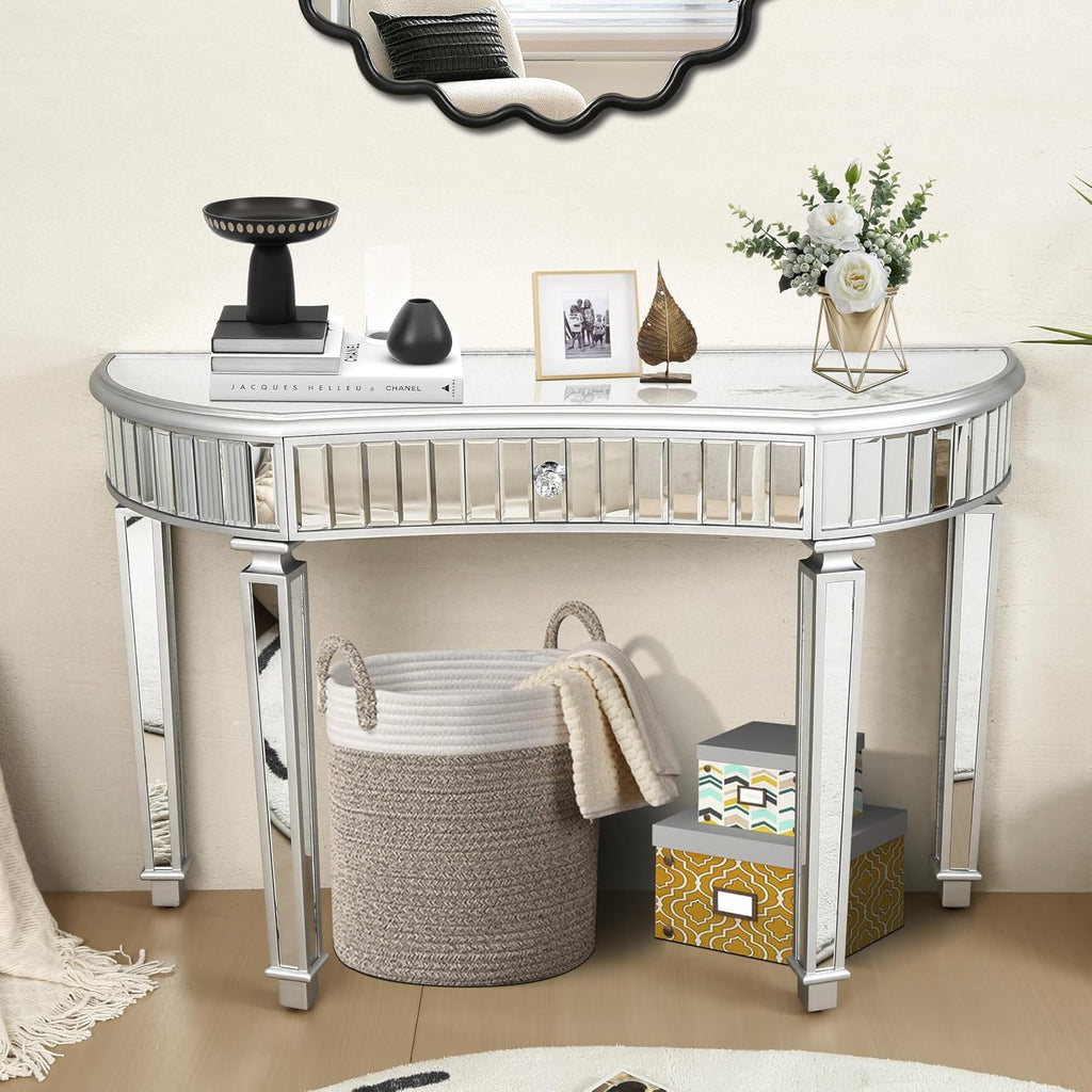 Half-Moon Mirrored Sofa Table with Storage, Semi Circle Entryway Console Table with Fluted Glass & Crystal Knob Drawer,Modern Sofa Table Behind Couch for Living/Dressing Room,Hallway Foyer, Silver