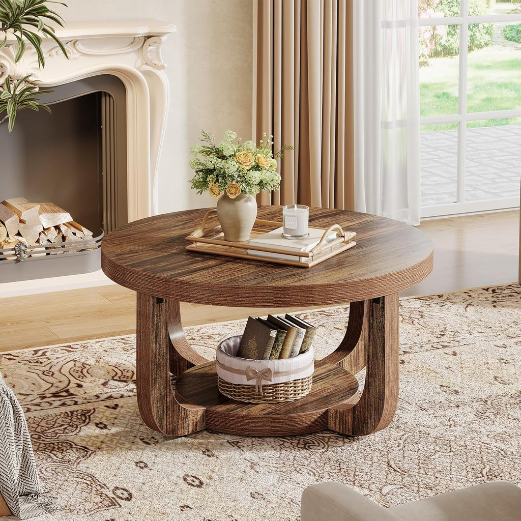 Tribesigns Round Coffee Table, 2-Tier Circle Coffee Table with Storage, Modern Wooden Accent Center Table for Living Room, Thick Tabletop & Base, Dark Brown