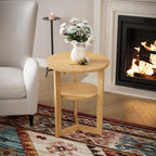 Round End Table, Rustic Side Tables with Storage Shelf, Classic Circular Solid Wood Beside Table-, 2-Tier Telephone Tables-, Nightstand, 24”H x 19.3”D for Living Room Wood Natural BZ3338OA