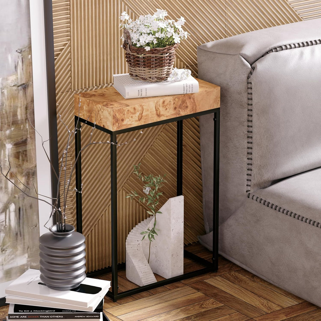 COZAYH Burl Finish Wood Top Tall End Table, Metal Frame Pedestal Display Stand Side Table for Plants, Lamps, or Home Décor, Living Room, Entryway, Office, Rectangular