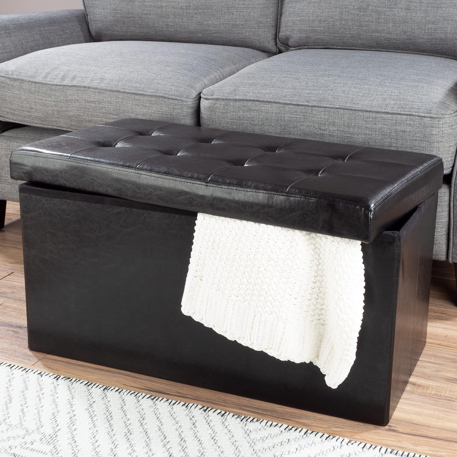 Lavish Home Storage Ottoman - 30-Inch Folding Faux Leather Footrest, Linen Chest, or Bench with Removable Bin for Living Room or Bedroom (Black)