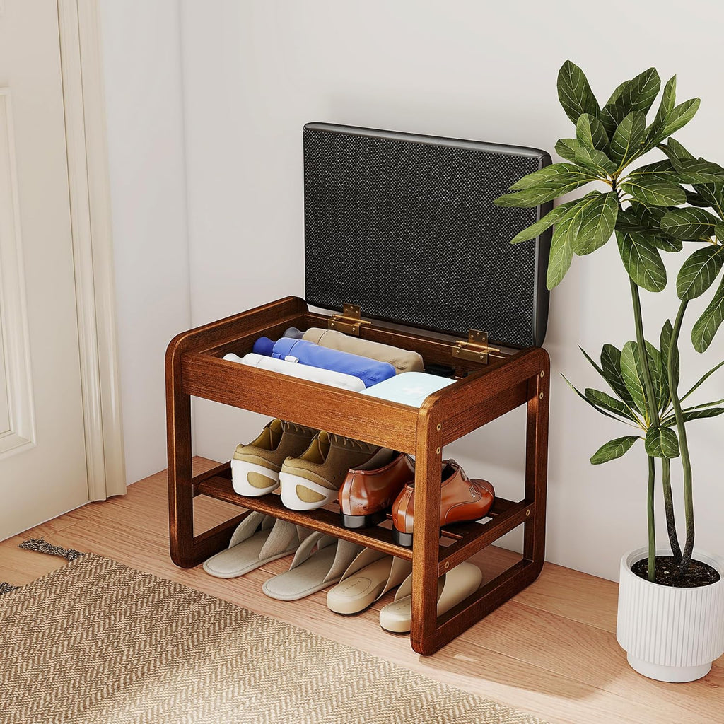 Shoe Rack Bench with Flip-Top Storage, Rubberwood 2-Tier Shoe Organizer with Cushion, Small Wooden Shoe Stand for Entryway, Mudroom, Hallway, Closet, Front Door Entrance, Foyer