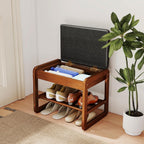 Shoe Rack Bench with Flip-Top Storage, Rubberwood 2-Tier Shoe Organizer with Cushion, Small Wooden Shoe Stand for Entryway, Mudroom, Hallway, Closet, Front Door Entrance, Foyer