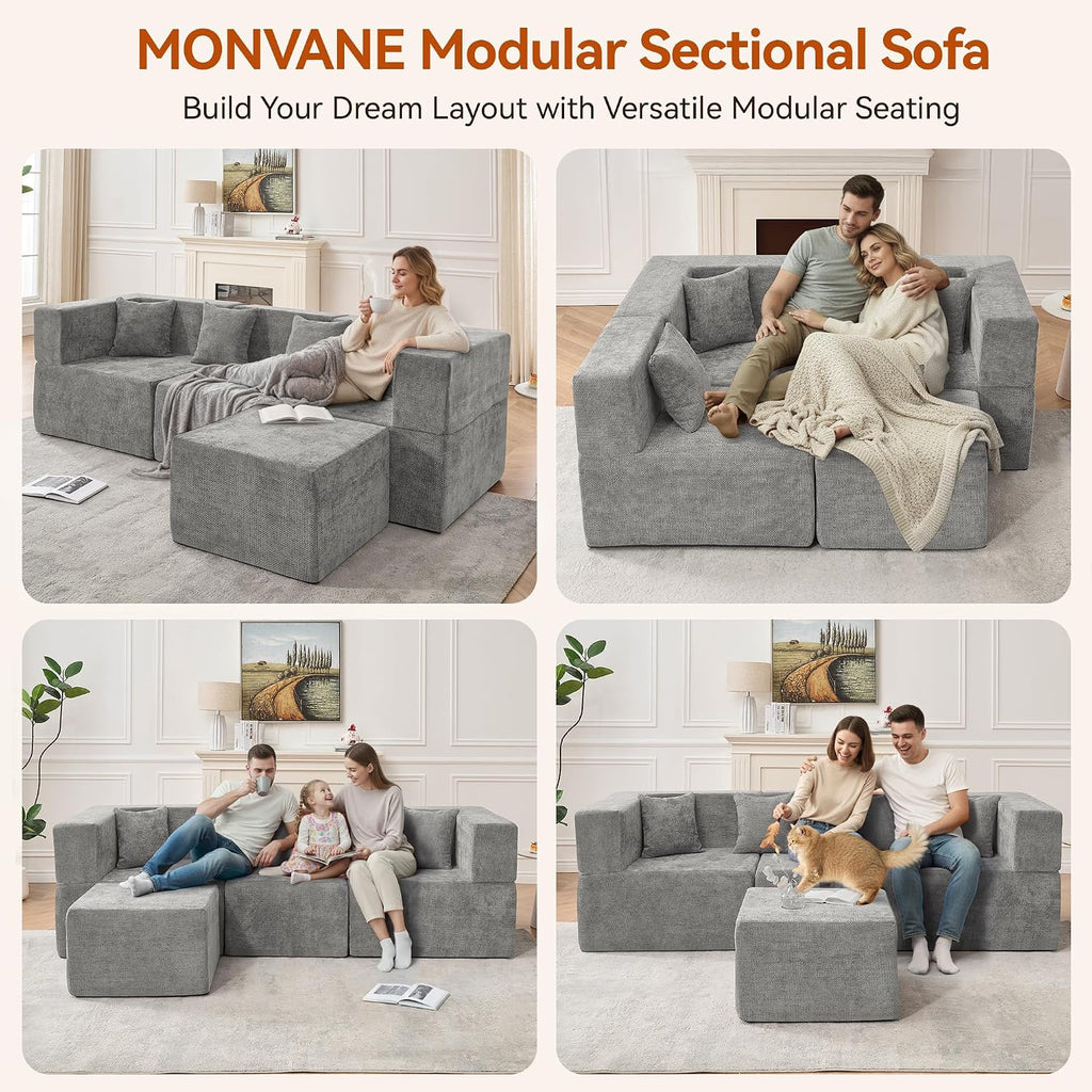 MONVANE 103'' Modular Sectional Sofa, Cloud Sectional Couch with Ottoman, Convertible Chenille L Shaped Couch with Deep Seat, Sectional Couches for Living Room, No Assembly Required, Light Grey