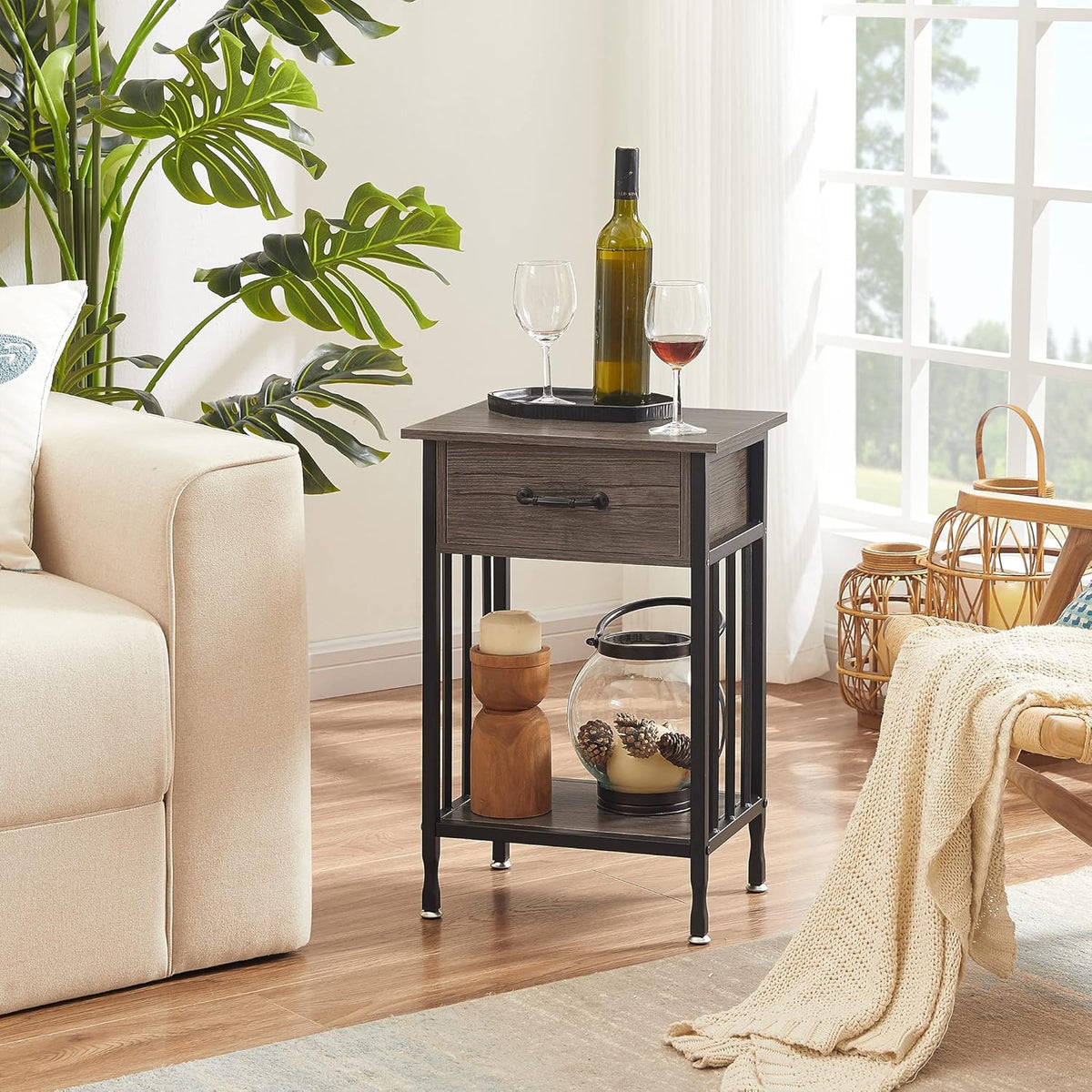 VECELO Nightstands, Industrial Side Table/End Tables with Drawer and Storage Shelf, Night Stands for Bedroom, Living Room, Wood Metal Furniture, Easy Assembly,Gray,1 Set