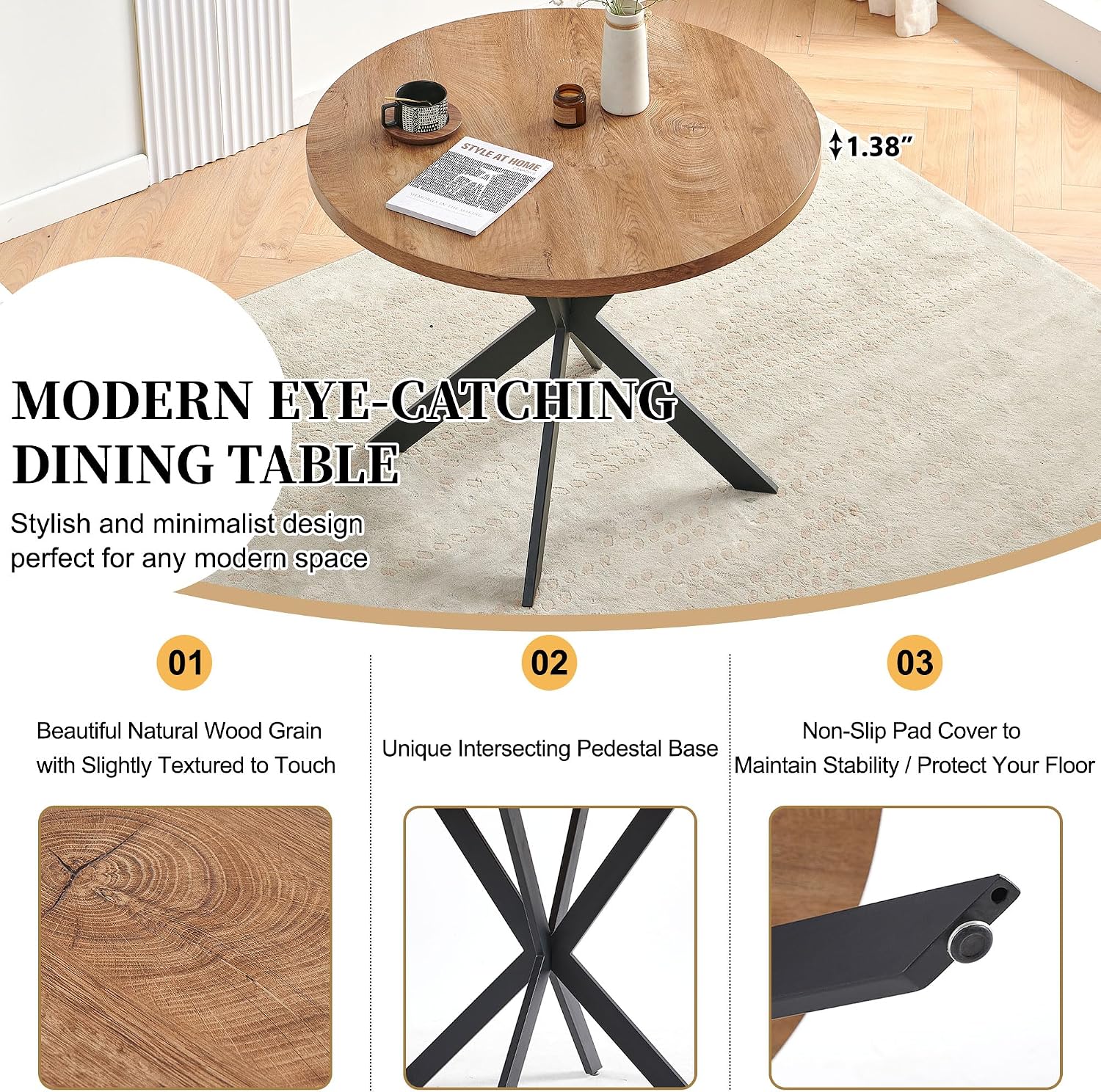 Homedot Small Dining Table Set for 2,37-in Round Kitchen Table Chairs Set Space Saving, Rustic Brown Breakfast Nook Dinner Table with Yellow Dining Room Side Chairs Upholstered for Dining Hall