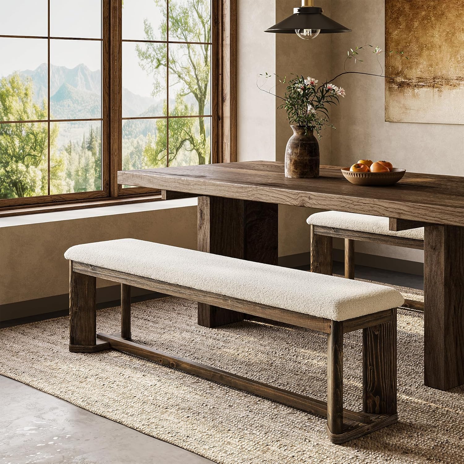 LITTLE TREE 63" Upholstered Bench, Solid Wood Entryway Shoe Bench with Cushion, Long Modern Farmhouse End of Bed Bench with Antique Brown Legs & Faux Lamb Fur Seat for Bedroom, Living Room, Dining