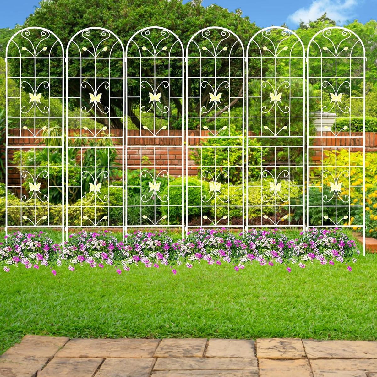 4 Pack Metal Garden Trellis 86.7" White Fence Rustproof Garden Trellis for Climbing Plants Support Roses Flower Outdoor Lawn, Cream White