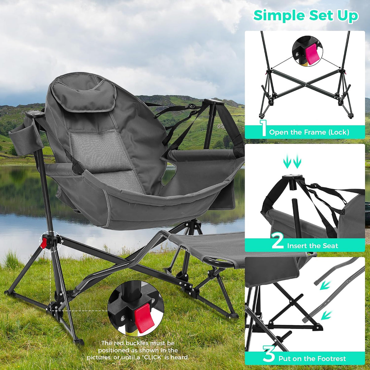 Ainfox Hammock Camping Chair with Footrest, Foldable Portable Rocking Chairs for Adults Outside Swinging Camp with Cup Holder Pillow for Outdoor Patio Poolside (Dark Grey)
